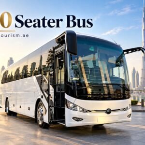 White 50 seater luxury coach bus for group transport in Dubai and Abu Dhabi with NSB Tourism LLC.
