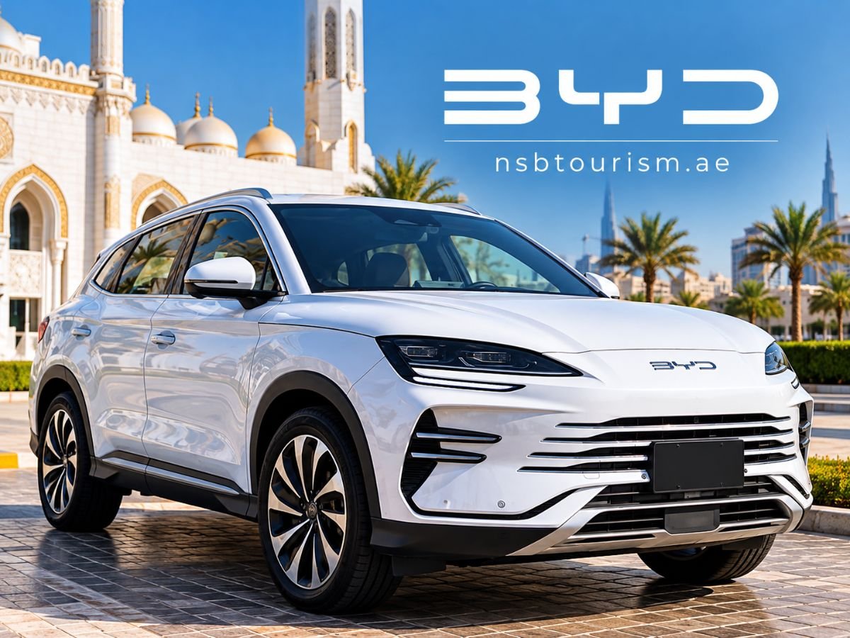 White BYD vehicle for chauffeur service in Dubai and Abu Dhabi with NSB Tourism LLC.