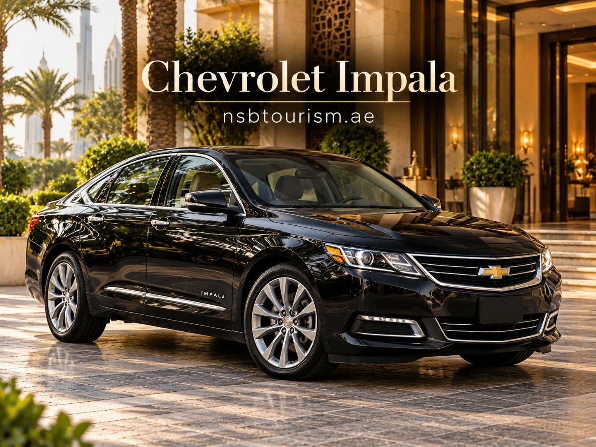 Black Chevrolet Impala sedan for chauffeur service in Dubai and Abu Dhabi with NSB Tourism LLC.