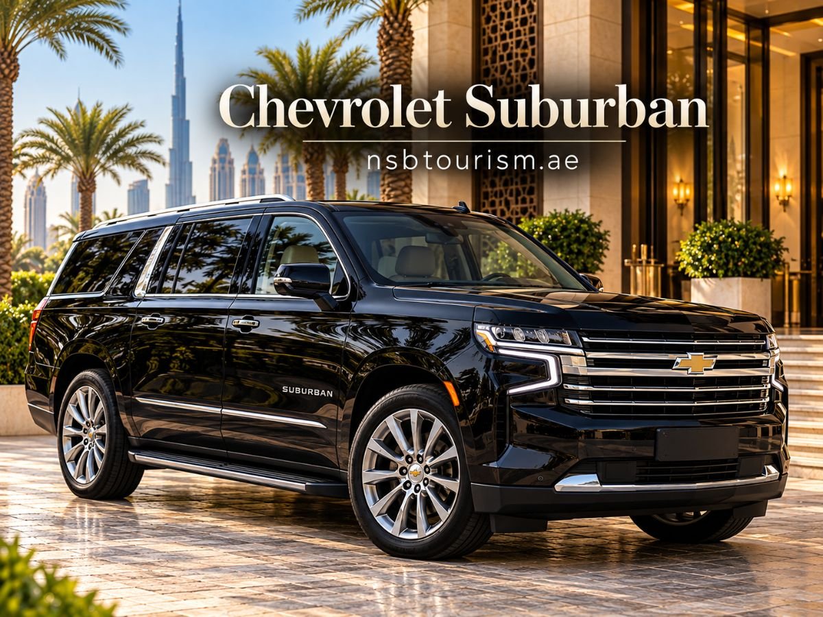 Black Chevrolet Suburban SUV for chauffeur service in Dubai and Abu Dhabi with NSB Tourism LLC.