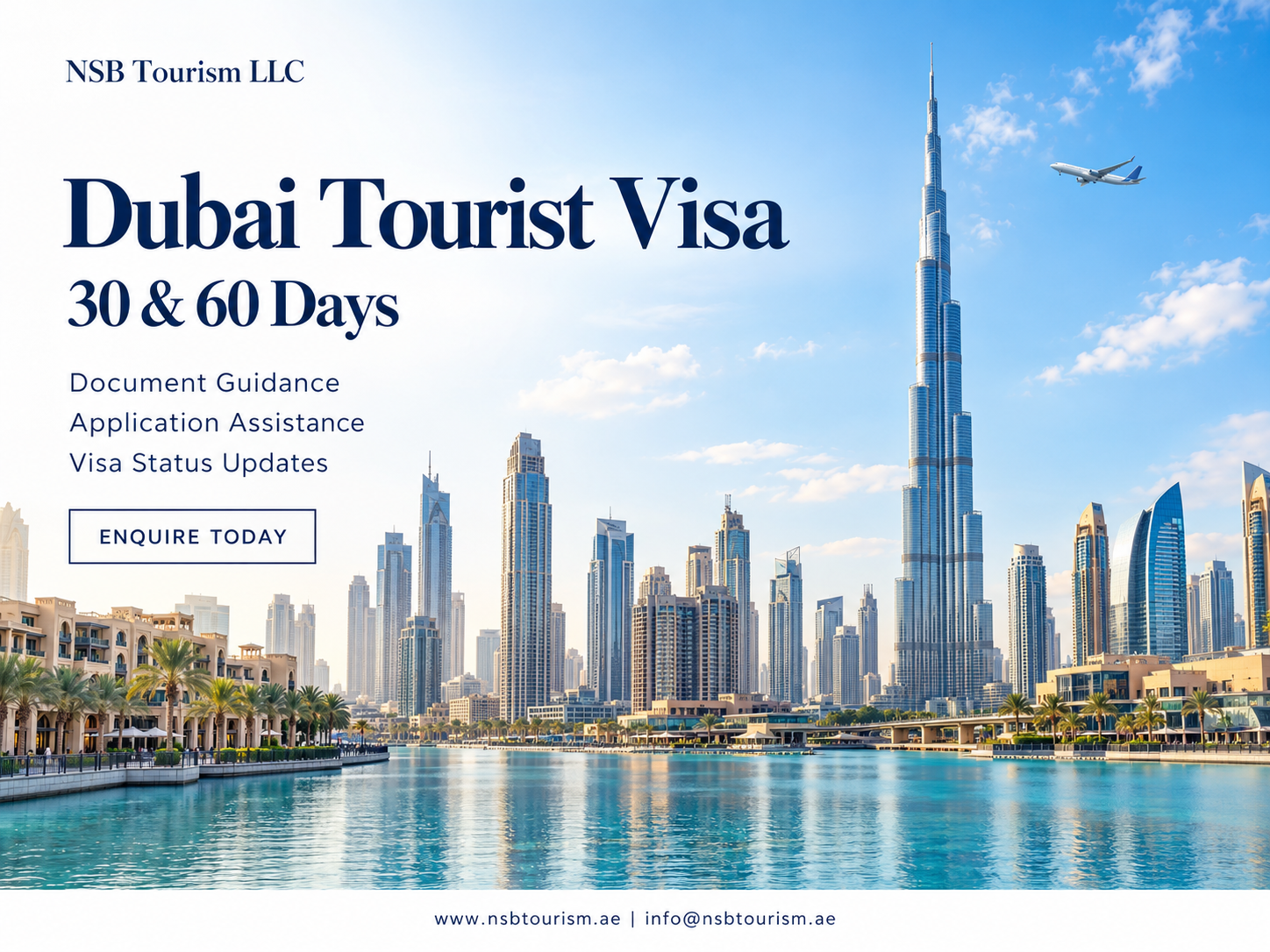 Dubai skyline with Burj Khalifa promoting NSB Tourism LLC’s 30-day and 60-day Dubai tourist visa services.