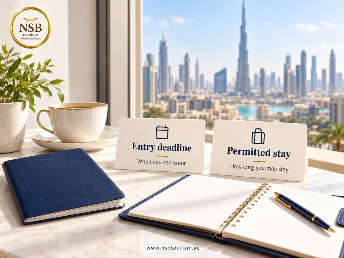 Passport and travel planner beside cards explaining entry deadline and permitted stay, with the Dubai skyline and NSB Tourism logo.