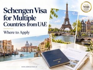 Eiffel Tower, Venice and Amsterdam canals with a passport, travel itinerary and NSB Tourism logo.