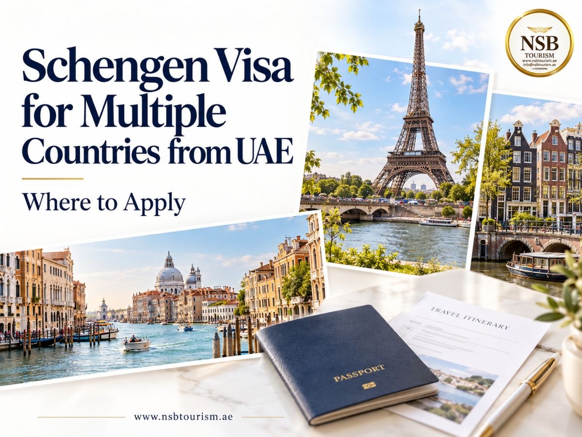 Schengen visa for multiple countries from UAE: Eiffel Tower, Venice and Amsterdam canals beside a passport and itinerary.