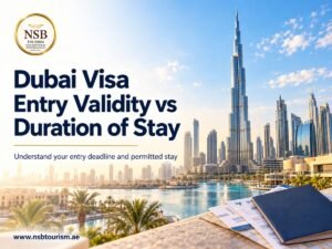 Dubai skyline with Burj Khalifa, passport and NSB Tourism logo, titled “Dubai Visa Entry Validity vs Duration of Stay.”