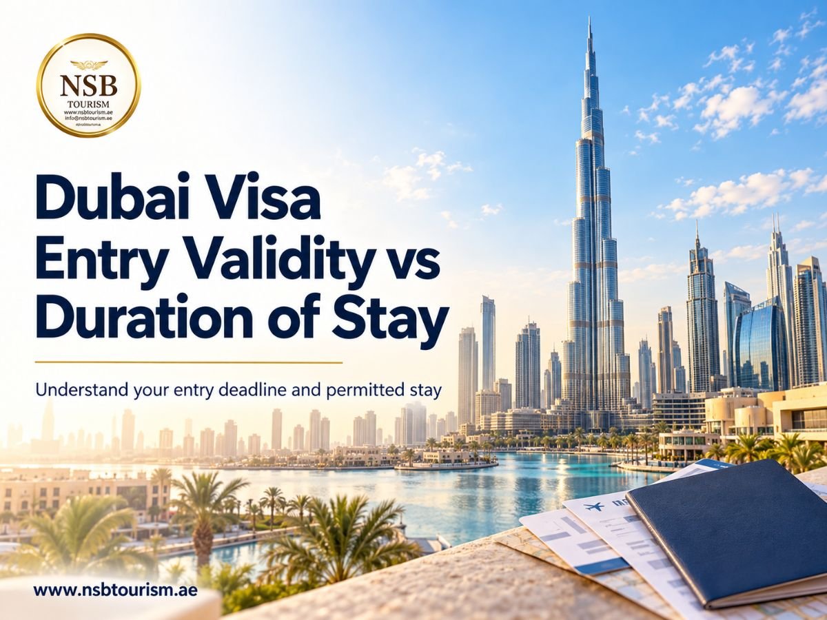 Dubai skyline with Burj Khalifa, passport and NSB Tourism logo, titled Dubai Visa Entry Validity vs Duration of Stay.