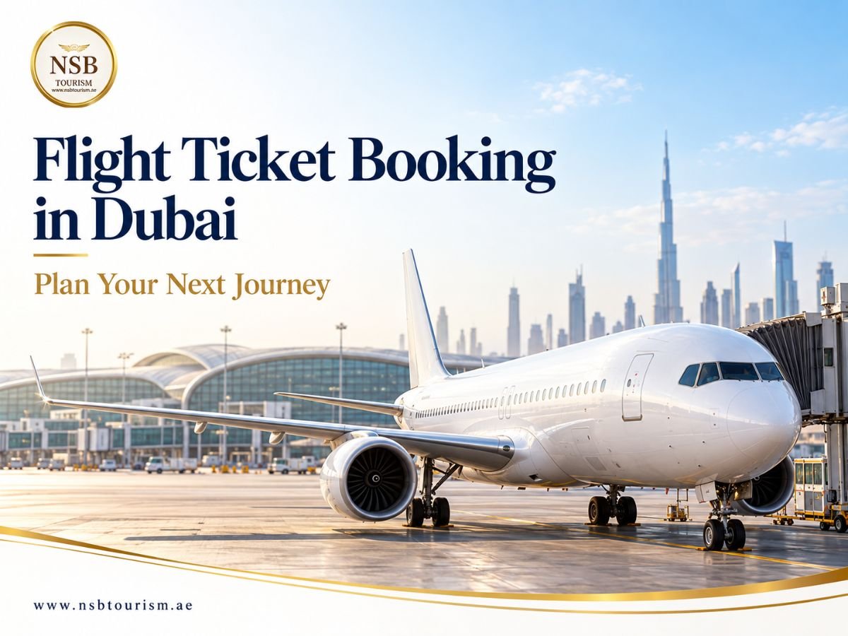 Passenger aircraft at an airport with a Dubai skyline backdrop and NSB Tourism flight booking branding.