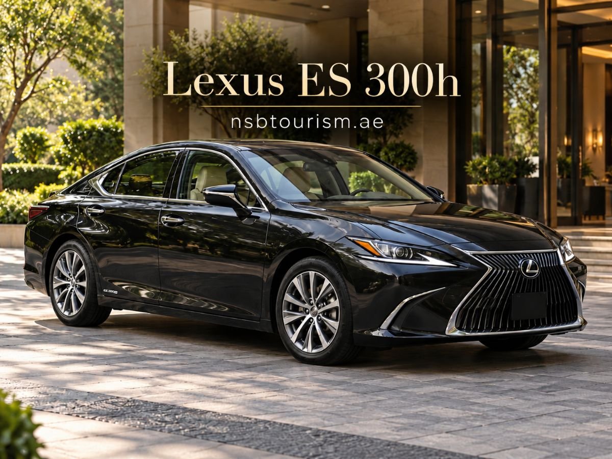 Black Lexus ES 300h executive sedan for chauffeur service in Dubai and Abu Dhabi with NSB Tourism.