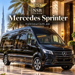 Black Mercedes Sprinter luxury van for chauffeur service in Dubai and Abu Dhabi with NSB Tourism LLC.