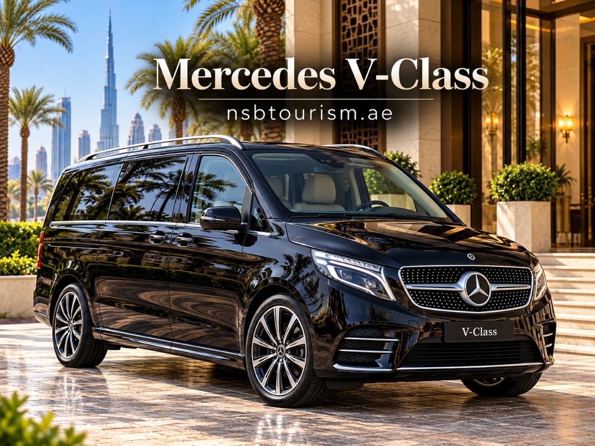 Black Mercedes V-Class luxury MPV for chauffeur service in Dubai and Abu Dhabi with NSB Tourism LLC.
