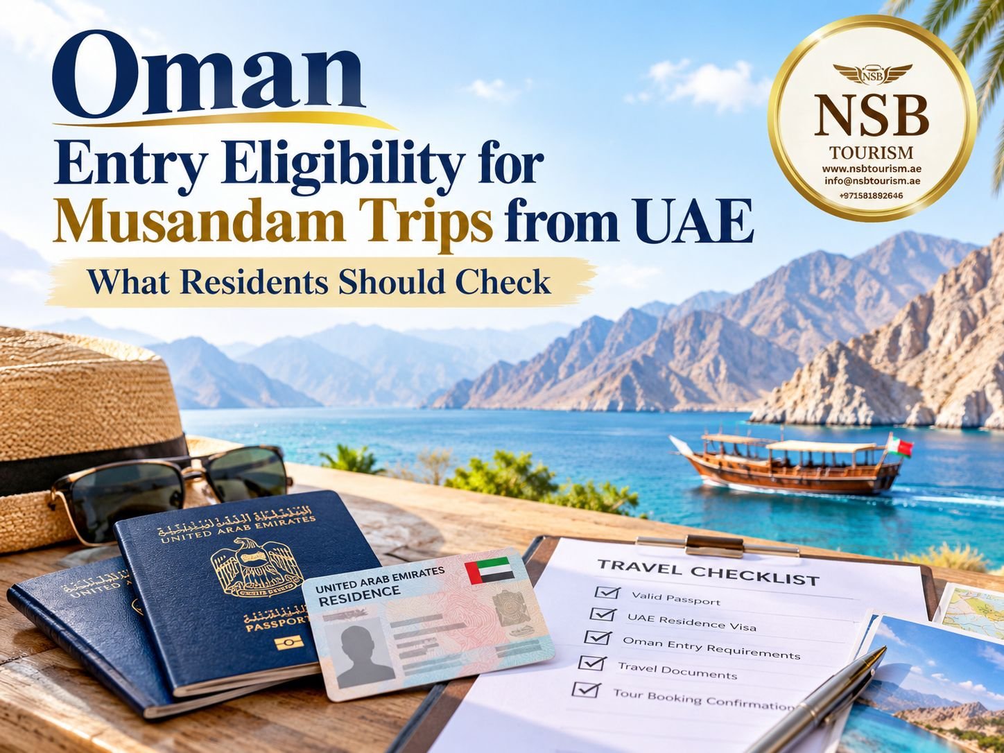 Hero image for Oman entry eligibility for Musandam trips from UAE showing NSB Tourism LLC logo, Musandam mountains, dhow boat, UAE passport, residence card and travel checklist.