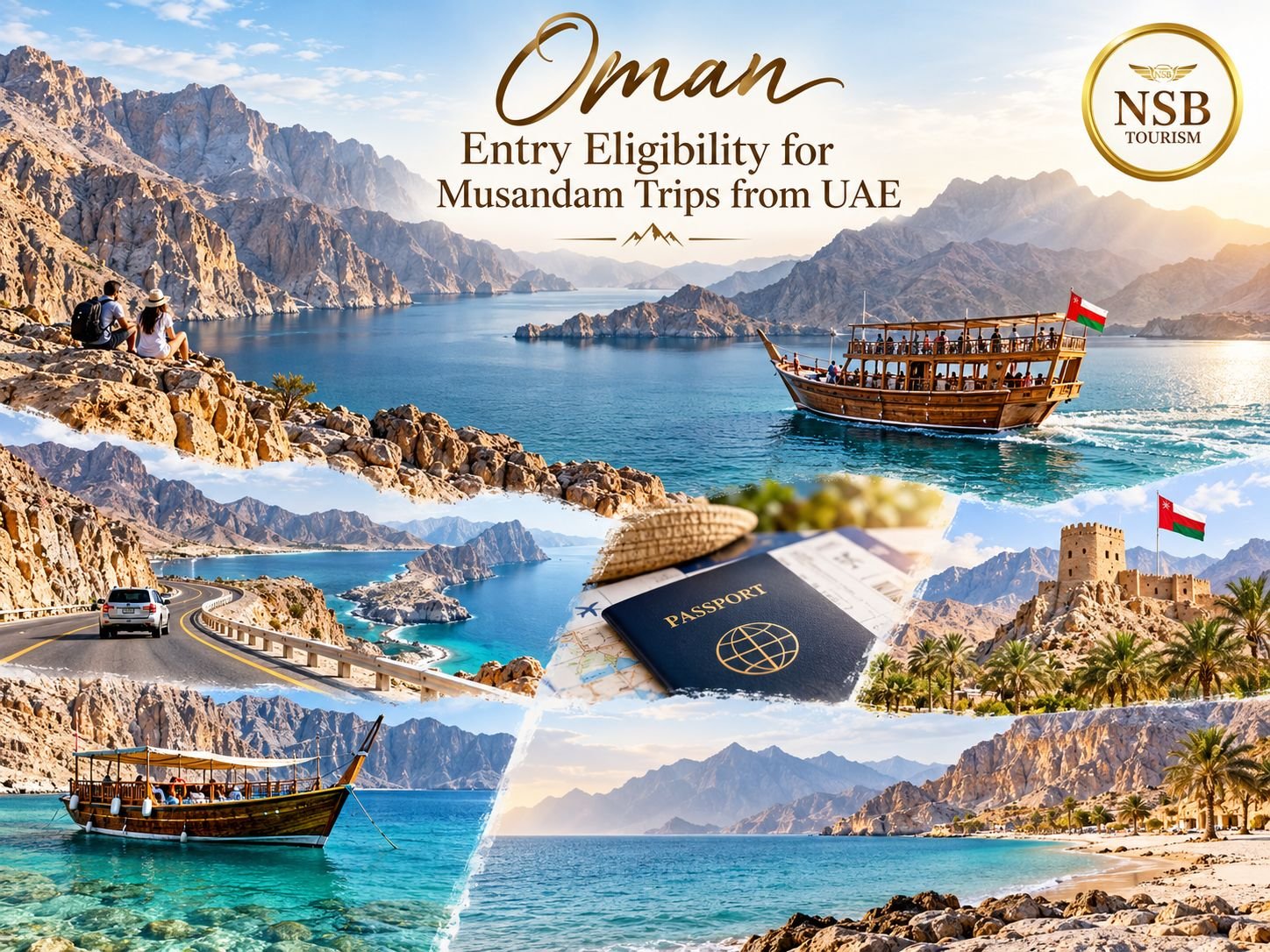 Natural Musandam travel image showing Oman mountains, dhow boats, coastal roads, passport and travel documents for UAE residents checking Oman entry eligibility.
