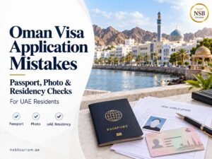 UAE resident reviewing passport and supporting documents before an Oman visa application