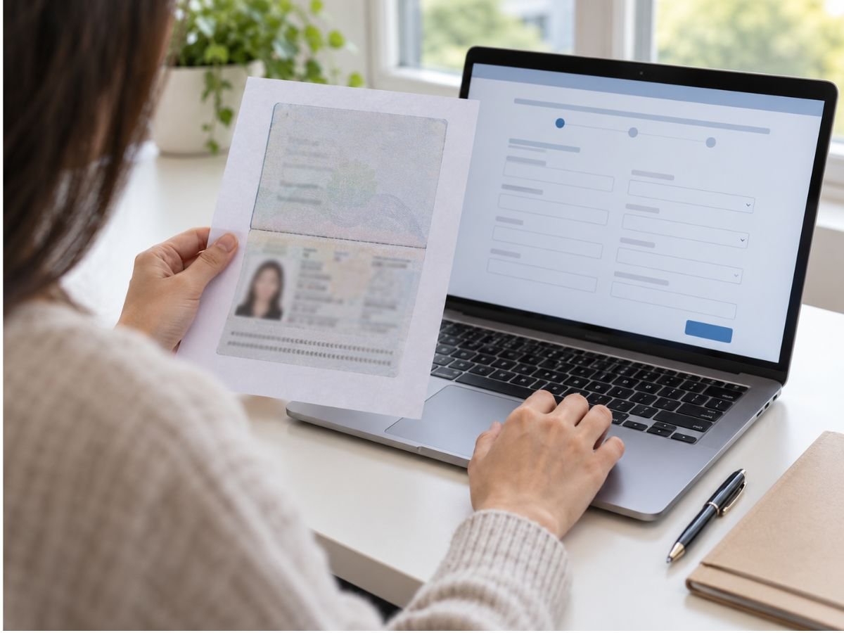 Traveller comparing passport details with an online application before submission