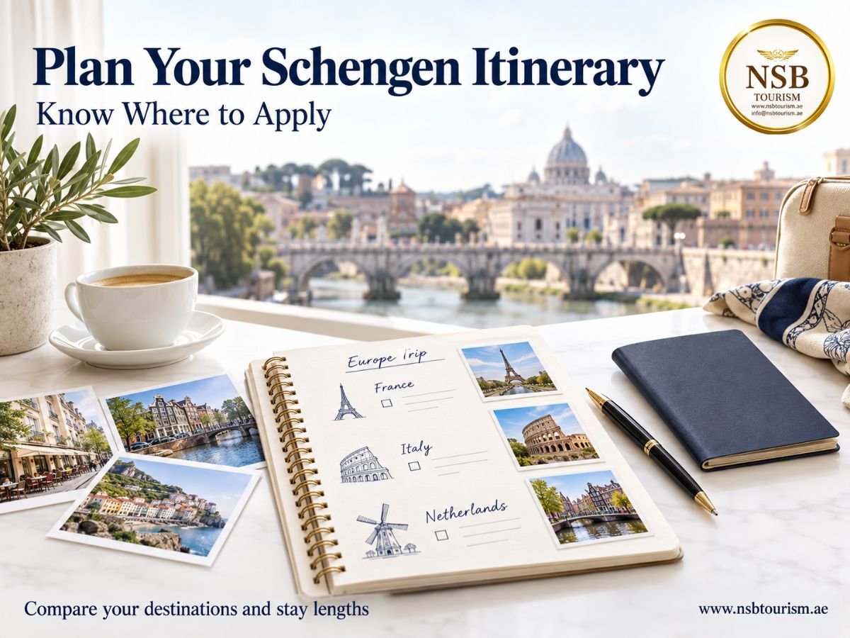 Travel notebook listing France, Italy and the Netherlands beside a passport and European travel photos, with the NSB Tourism logo.