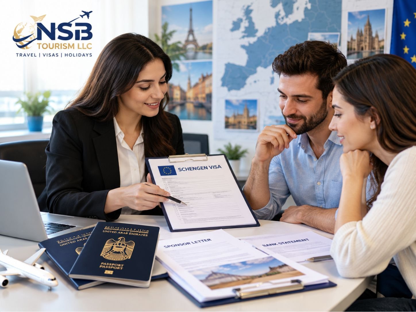 NSB Tourism LLC visa consultant reviewing Schengen visa sponsor documents with UAE applicants, including sponsor letter, bank statement, passport, and visa application form.