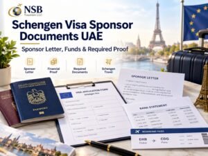 Hero image for Schengen Visa Sponsor Documents UAE showing NSB Tourism LLC logo, Schengen visa application form, sponsor letter, bank statement, UAE passport, and travel documents.