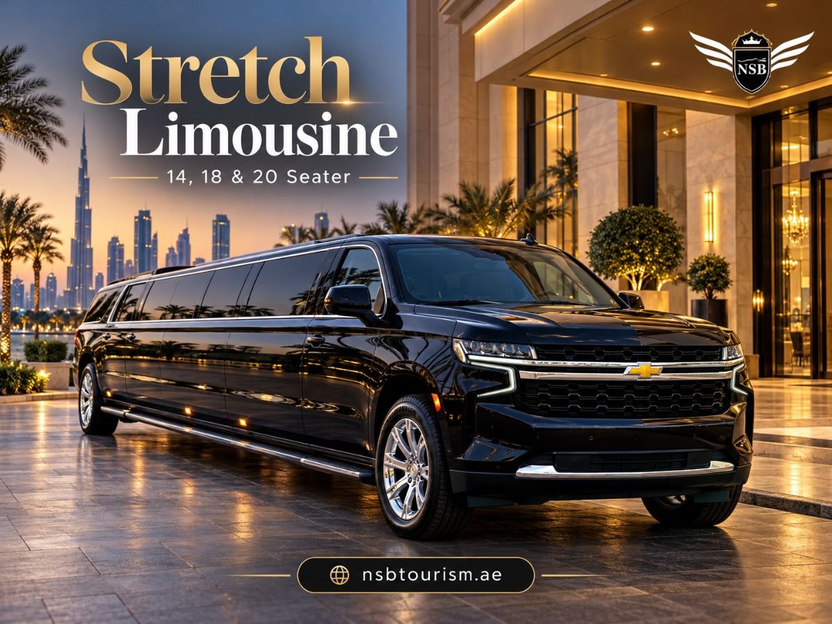 Black stretch limousine for chauffeur service in Dubai and Abu Dhabi with NSB Tourism LLC.