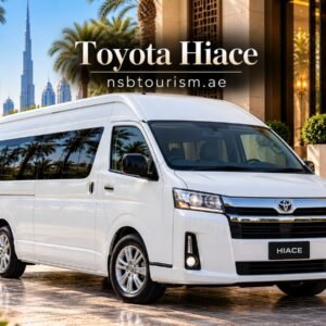 White Toyota Hiace passenger van for chauffeur service in Dubai and Abu Dhabi with NSB Tourism LLC.