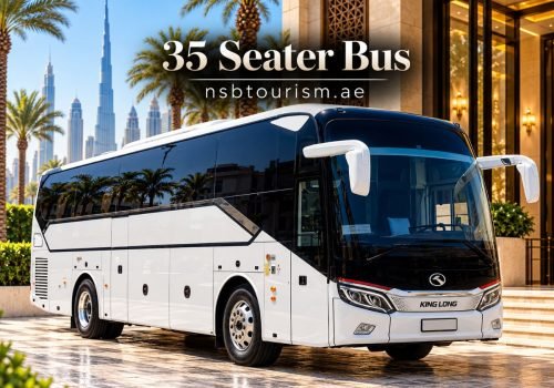 White 35 seater coach bus for chauffeur service and group transport in Dubai and Abu Dhabi with NSB Tourism LLC.