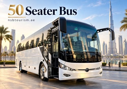White 50 seater luxury coach bus for group transport in Dubai and Abu Dhabi with NSB Tourism LLC.