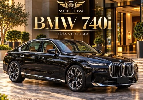 Black BMW 740i luxury sedan for chauffeur service in Dubai and Abu Dhabi with NSB Tourism LLC, ideal for airport transfers, business travel, VIP transport, and private journeys.
