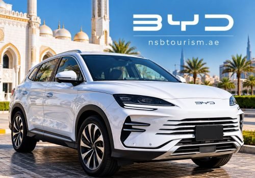 White BYD SUV for chauffeur service in Dubai and Abu Dhabi with NSB Tourism LLC