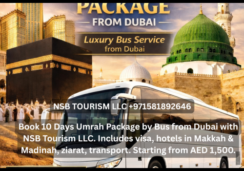 0 Days Umrah Package from Dubai by NSB Tourism LLC with luxury white bus service, featuring Masjid al-Haram Kaaba and Masjid an-Nabawi Green Dome, starting from AED 1,500