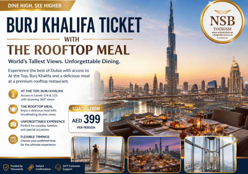 Guests enjoying a rooftop dining experience with spectacular Burj Khalifa and Dubai skyline views.