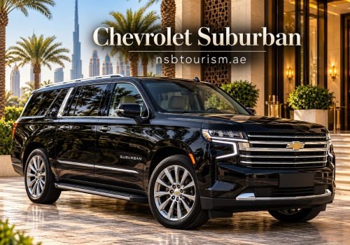 Black Chevrolet Suburban SUV for chauffeur service in Dubai and Abu Dhabi with NSB Tourism LLC.