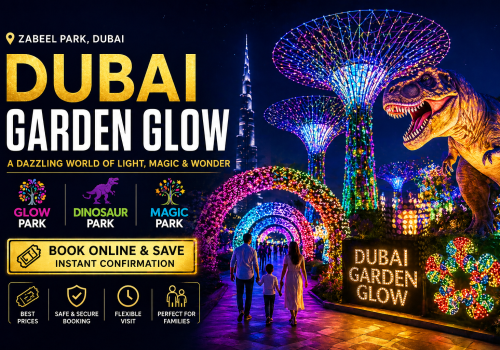 Dubai Garden Glow night lights park Zabeel Park glowing tunnel and dinosaur park Dubai
