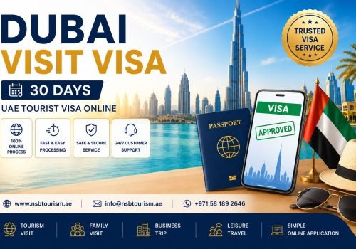 Dubai Visit Visa 30 Days promotional banner by NSB Tourism LLC featuring UAE tourist visa assistance, Dubai skyline, Burj Khalifa, passport, approved visa, and professional visa services from Dubai.