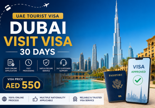 Dubai visit visa 30 days image showing UAE tourist visa approval, Burj Khalifa skyline, passport, and AED 550 Dubai visa price by NSB Tourism LLC