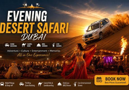 Evening Desert Safari Dubai with 4x4 dune bashing, camel ride, BBQ buffet dinner, Tanoura dance, fire show, and desert camp entertainment by NSB Tourism LLC.