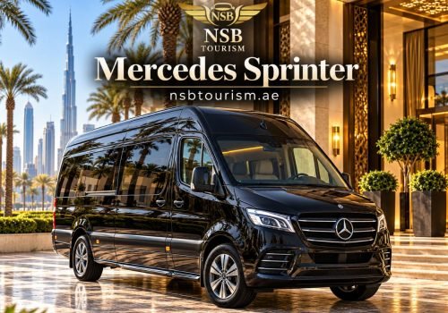 Black Mercedes Sprinter luxury van for chauffeur service in Dubai and Abu Dhabi with NSB Tourism LLC.