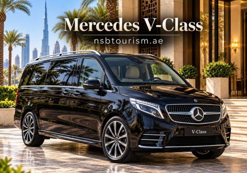 Black Mercedes V-Class luxury MPV for chauffeur service in Dubai and Abu Dhabi with NSB Tourism LLC.