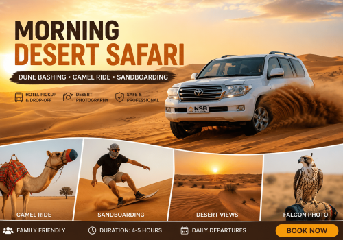 Morning Desert Safari Dubai with 4x4 dune bashing, camel ride, sandboarding, and desert sunrise adventure by NSB Tourism LLC