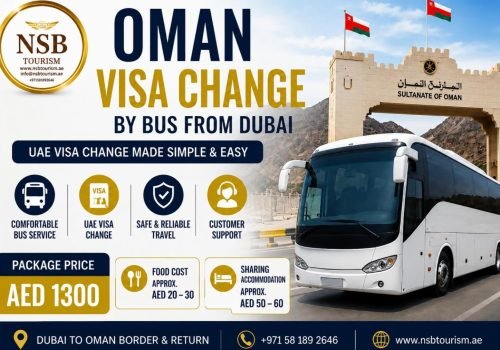 Oman visa change by bus from Dubai with NSB Tourism showing UAE visa change service, luxury coach bus, and Oman border crossing