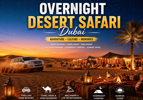 Overnight Desert Safari Dubai with 4x4 dune bashing, desert camp stay, BBQ dinner, live shows, stargazing, sunrise views, and breakfast experience.