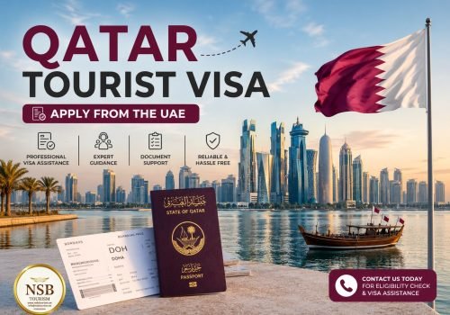 Qatar Tourist Visa from UAE with Doha skyline, Qatar flag, passport, boarding pass, and professional visa assistance by NSB Tourism LLC.