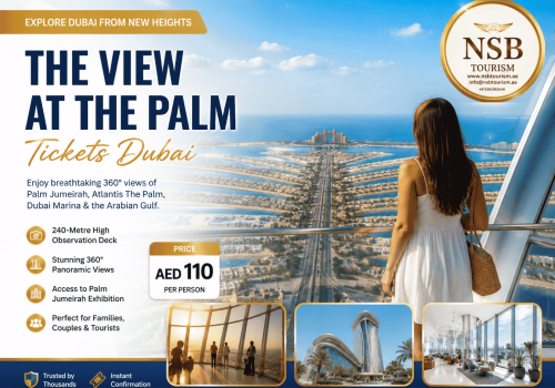 Visitors enjoying panoramic views of Palm Jumeirah and Atlantis The Palm from The View at The Palm observation deck in Dubai.