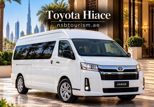 White Toyota Hiace passenger van for chauffeur service in Dubai and Abu Dhabi with NSB Tourism LLC.